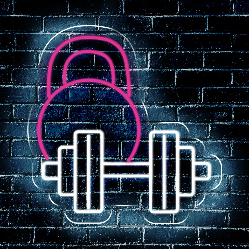 Painel neon de kettlebell rosa e halter branco em parede de tijolos