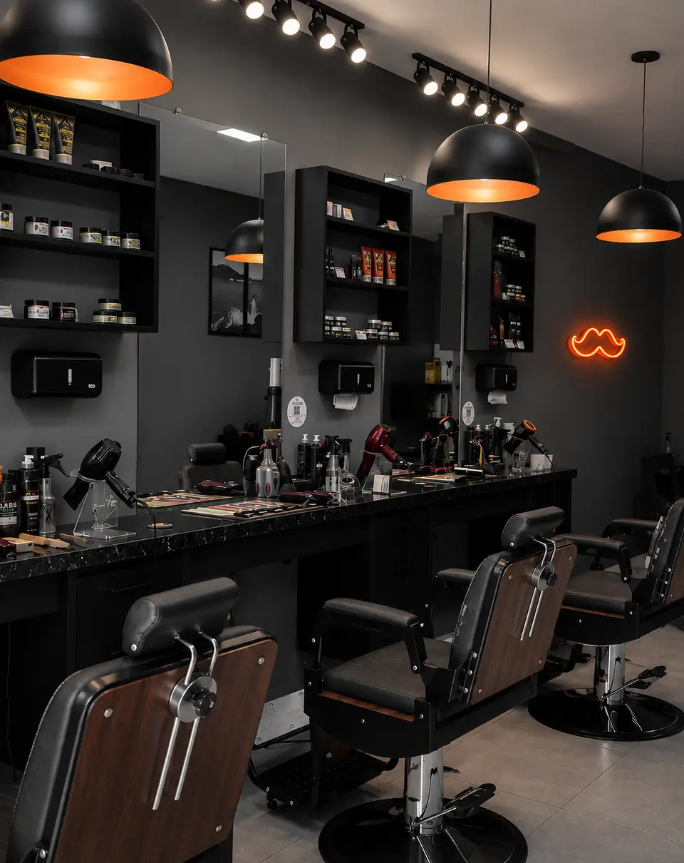 Barbearia com bigode em neon LED laranja na parede