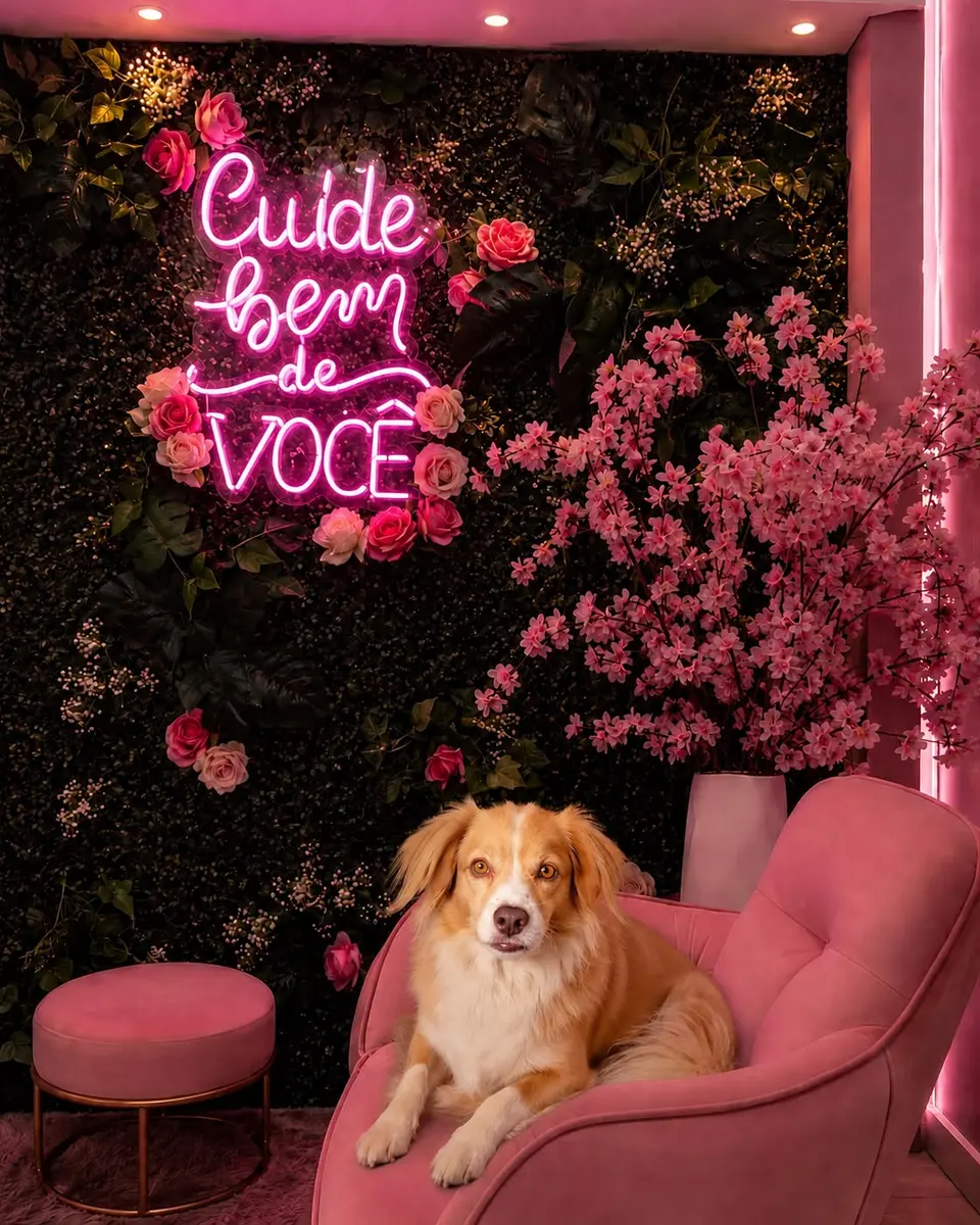 Painel neon rosa "Cuide bem de você" em espaço de beleza com flores