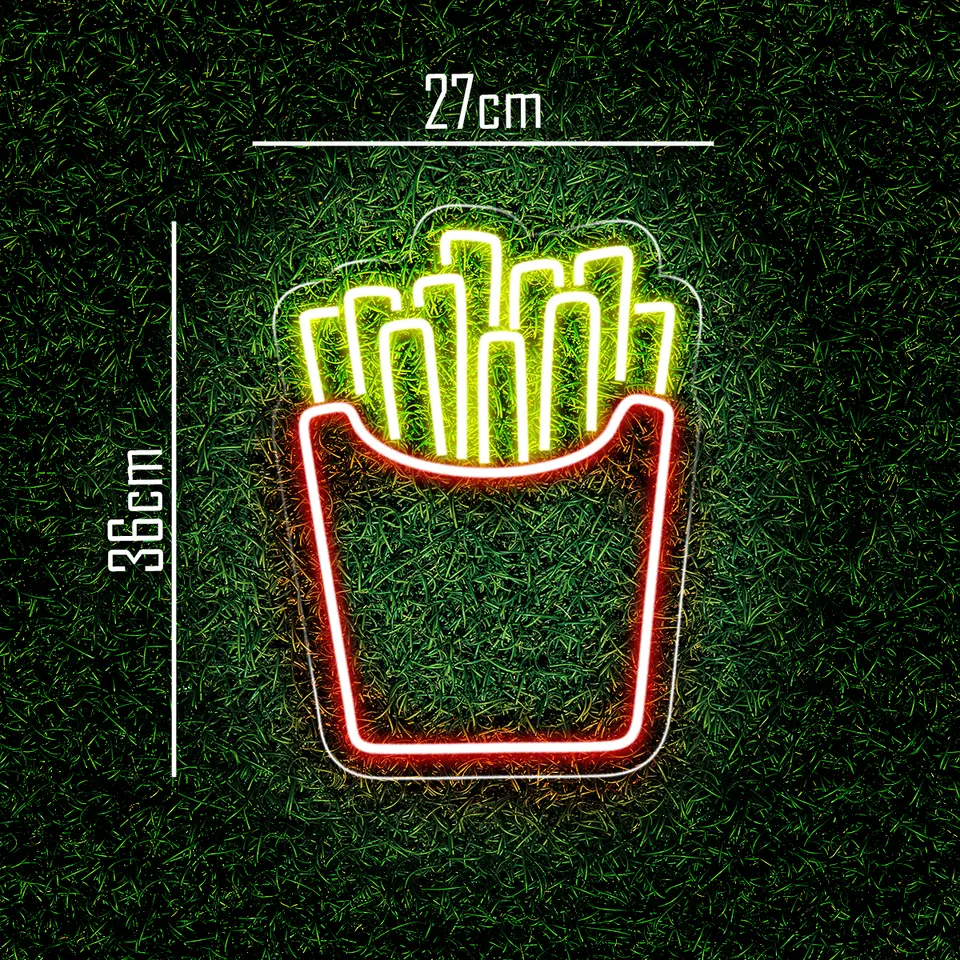 Painel neon de batata frita com medidas