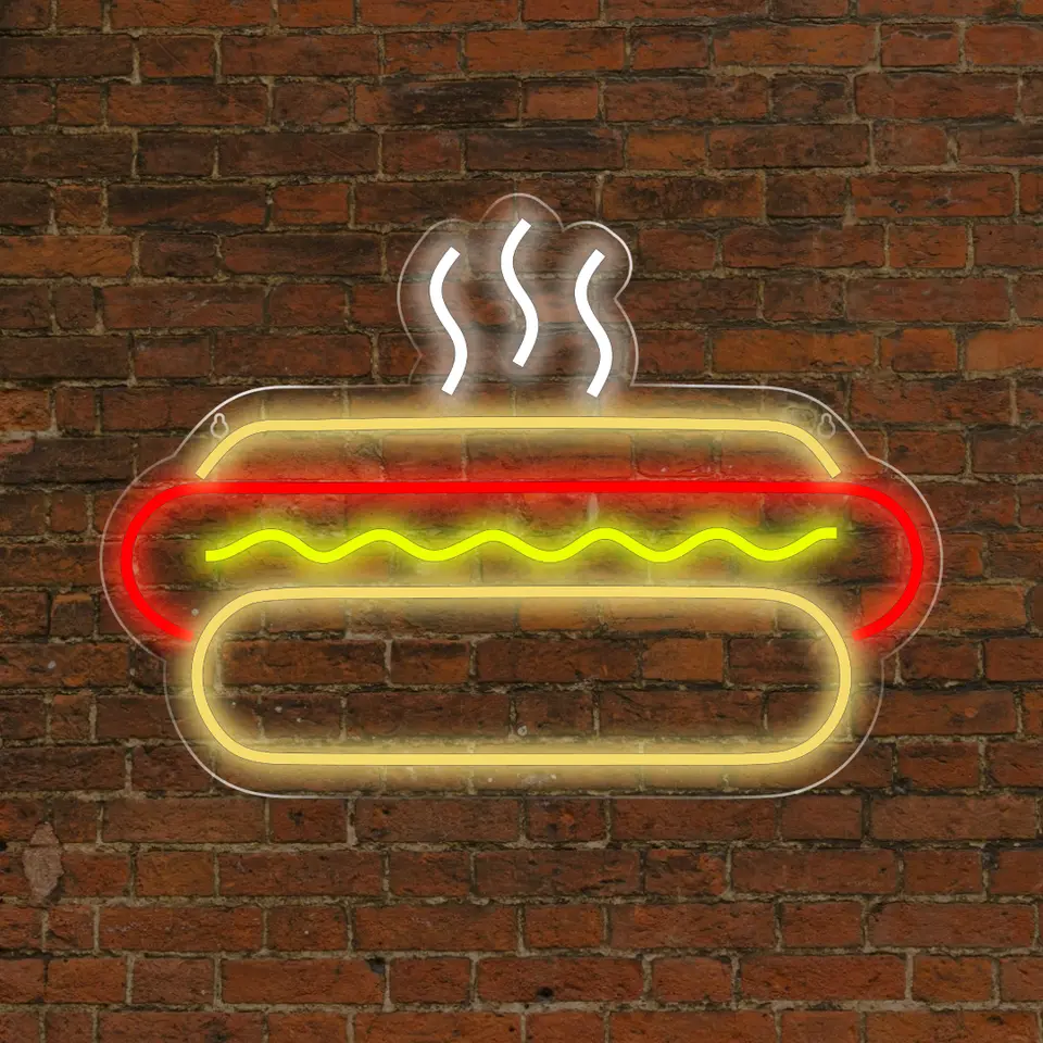 Painel neon de cachorro-quente em parede de tijolos
