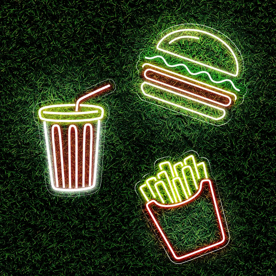 Kit de painéis neon com hambúrguer, batata frita e refrigerante