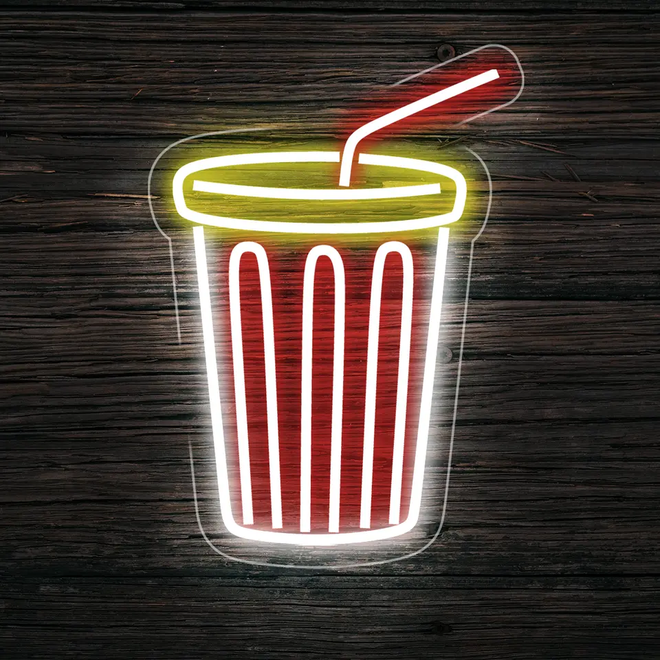Painel neon de copo de refrigerante com canudo