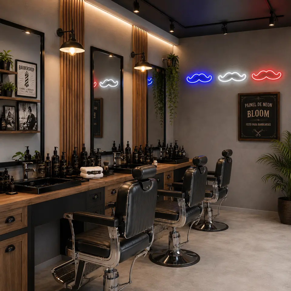 Simulação de barbearia com três bigodes em neon LED coloridos