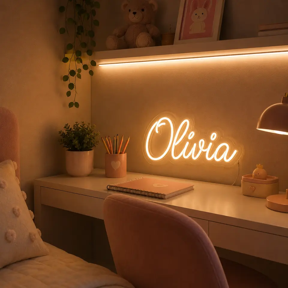 Nome "Olivia" em neon LED branco quente sobre escrivaninha