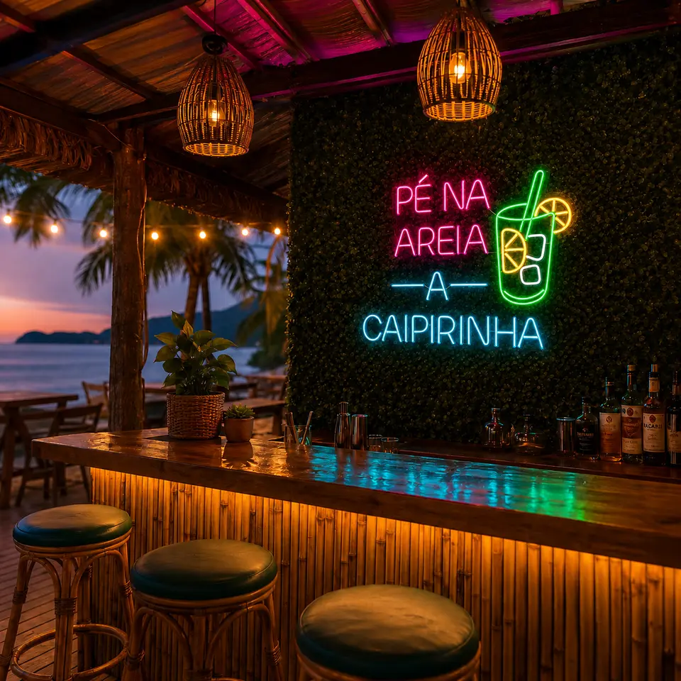 Painel neon "Pé na areia, caipirinha" em bar de praia ao entardecer